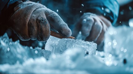 Hands carving an ice block for sculpture. The scene captures the intricate details of ice and tools in a winter setting.