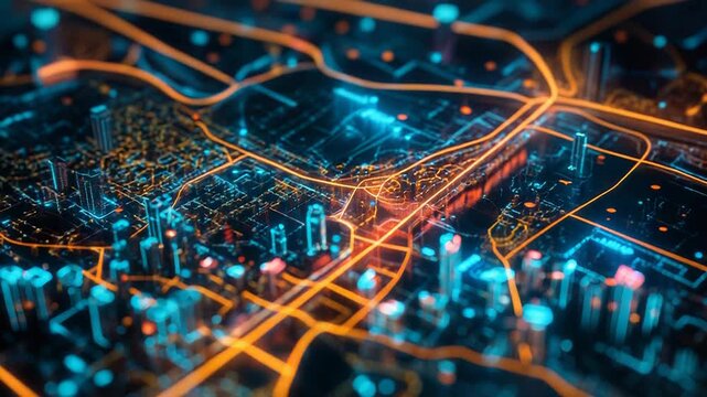Smart city network with glowing digital streets and buildings