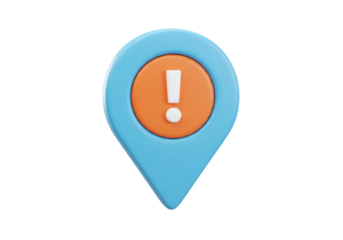 Blue location pin with orange exclamation mark isolated PNG, 3D rendering map pointer for navigation and attention