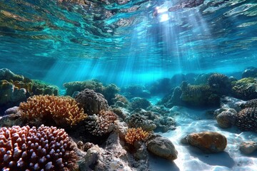 Obraz premium Sunlight streams through clear ocean water onto coral reef