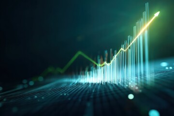 Abstract glowing financial graph with green uptrend arrow