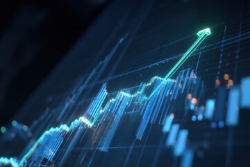 Abstract glowing financial graph with green uptrend arrow