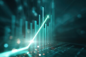 Abstract glowing financial graph with green uptrend arrow