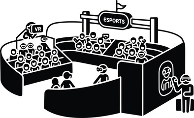 Esports arena with spectators watching a virtual reality competition and players in vr headsets