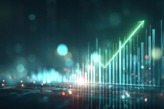 Abstract glowing financial graph with green uptrend arrow