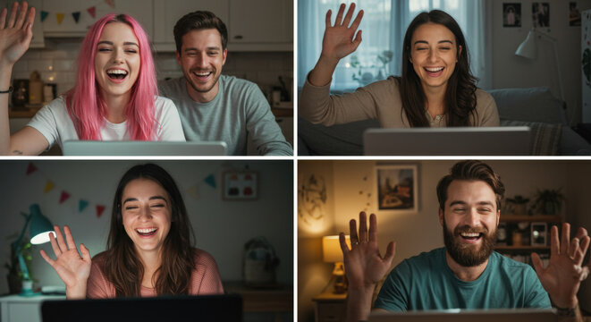 Online friends wave during virtual group call event
