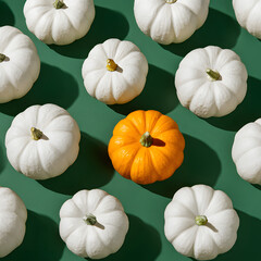 One orange pumpinkin standing out in a group of white pumpkins on a green background. Concept of diversity, individuality, inclusion, uniqueness, and thinking differently.