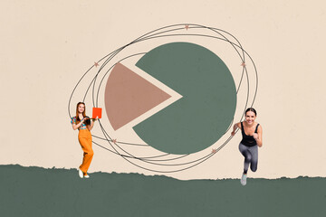 Trendy art creative full pop photo collage of happy businesswoman businessman walk diagram graph development chance career