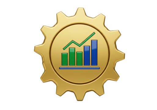 Golden gear with bar graph isolated on transparent background, business growth and development concept in PNG format