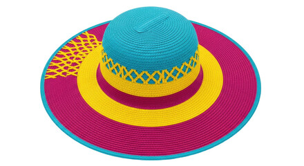 Isolated summer straw hat with bright blue and pink brim provides stylish sun protection