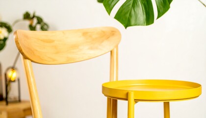 Wooden chair and yellow tray table in a room