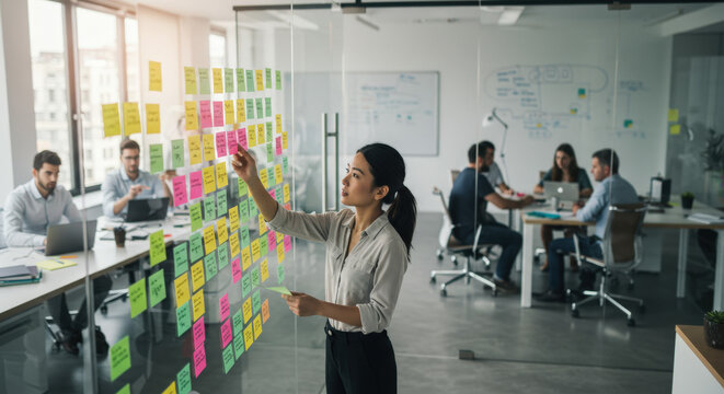 Project manager organizes workflow with color-coded sticky notes