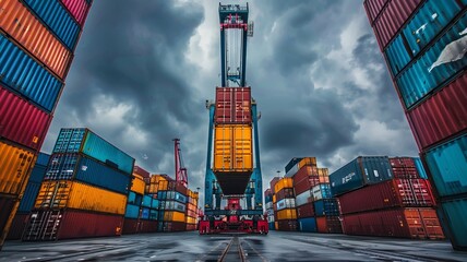 Colorful cargo shipping containers being moved by a large crane under dramatic stormy skies at a busy industrial port. Shipping delivery office center. 