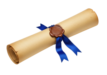 Aged paper scroll with brown wax seal and blue ribbon isolated, diploma certificate document in PNG format for design and education purposes