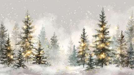 Winter forest painted in watercolor style. Tall pine trees covered with snow decorated with yellow lights and snowflakes falling. Warm bokeh lights. Generative AI