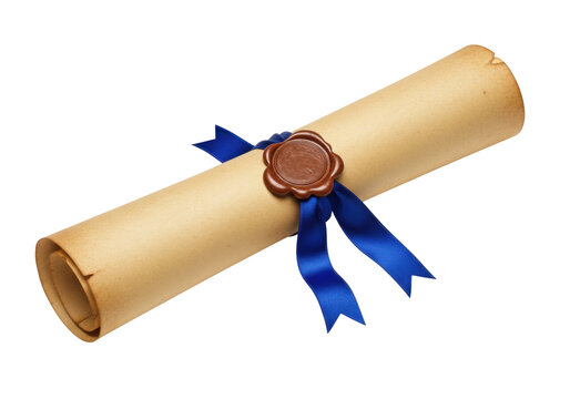 Aged paper scroll with brown wax seal and blue ribbon isolated, diploma certificate document in PNG format for design and education purposes