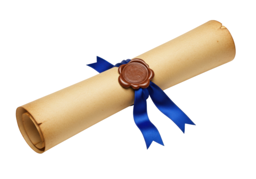 Aged paper scroll with brown wax seal and blue ribbon isolated, diploma certificate document in PNG format for design and education purposes