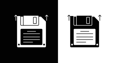 Retro floppy disk icon with upload arrows in contrasting black and white silhouette style