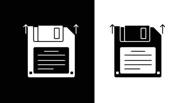 Retro floppy disk icon with upload arrows in contrasting black and white silhouette style