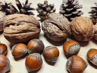 Walnuts, hazelnuts and pine cones on wooden background