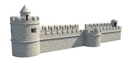 Isolated medieval stone castle wall with battlements, corner towers and crenellations