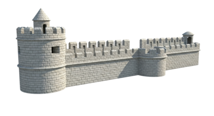 Isolated medieval stone castle wall with battlements, corner towers and crenellations