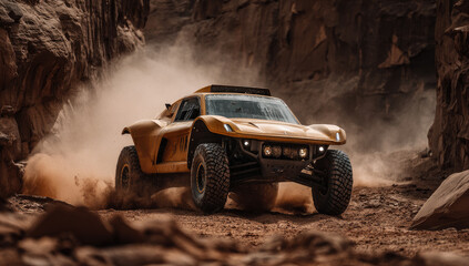 Yellow rally car races through dusty, rocky desert canyon