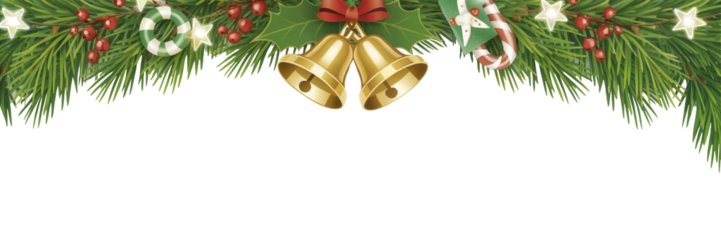 Golden christmas bells hanging from a festive fir branch with candy canes and star lights isolated on transparent background