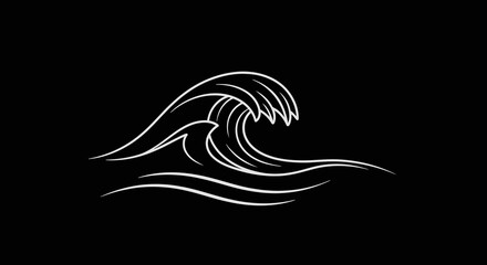 Stylized white line art of a breaking ocean wave against a black background silhouette