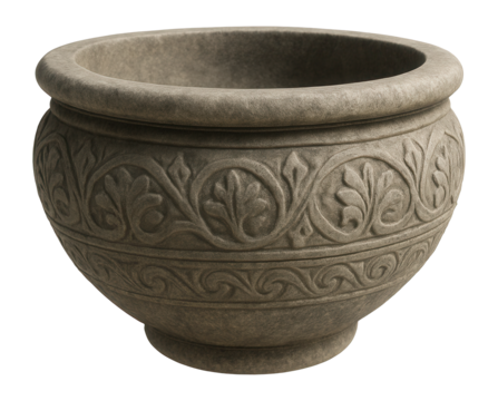 Decorative stone rainwater catch basin for villa gardens, harmonizing with nature.