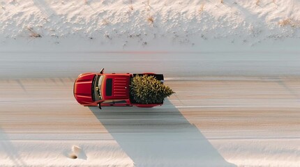 A red vintage pickup truck drives along a snowy forest road carrying a Christmas tree in the back. Cozy and nostalgic winter holiday scene symbolizing Christmas traditions, family warmth, and festive - Powered by Adobe