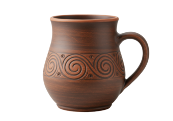 Brown ceramic mug isolated on a clean background, traditional pottery with spiral pattern for hot drinks and rustic kitchenware