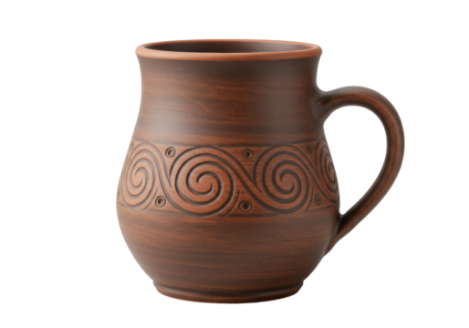 Brown ceramic mug isolated on a clean background, traditional pottery with spiral pattern for hot drinks and rustic kitchenware