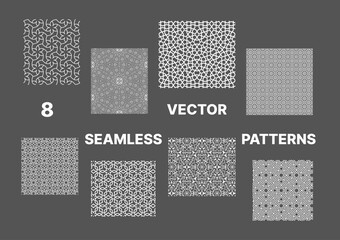 Collection of seamless ornamental vector patterns and swatches. White and gray geometric oriental backgrounds.