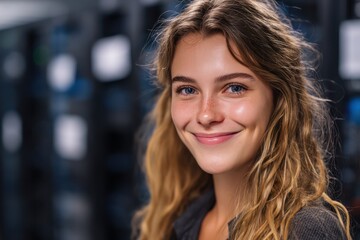 Smiling Young Female IT Worker in Dark Server Room