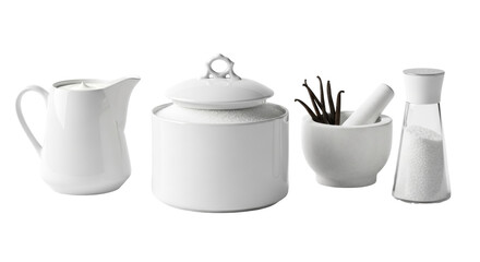 Isolated ceramic breakfast tableware set for morning meal, comprising sugar bowl, cream jug