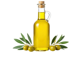 Olive oil in glass bottle isolated, with green olives and leaves, healthy cooking ingredient for Mediterranean cuisine