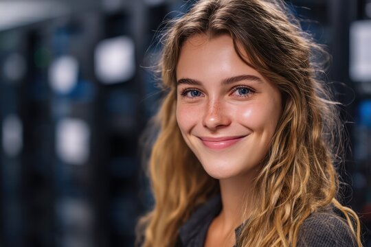 Smiling Young Female IT Worker in Dark Server Room
