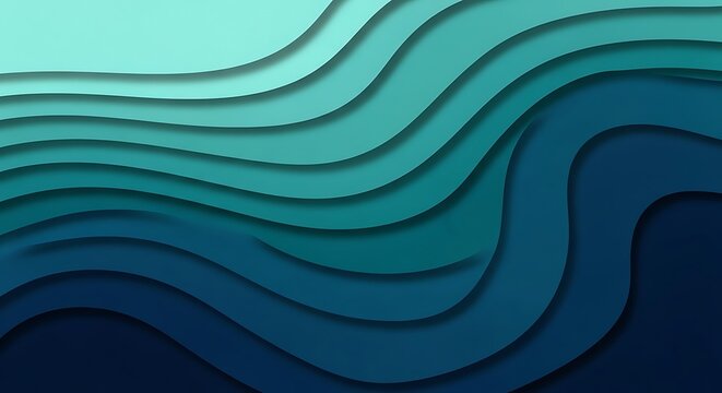 Abstract background with layered wavy shapes in shades of blue and green, creating a 3D paper cut effect