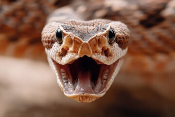 Angry Snake with Open Mouth and Teeth on Nature Background