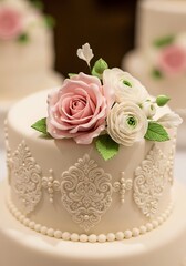 Delicate dessert adornment, cake with sugar flowers and exquisite detailing