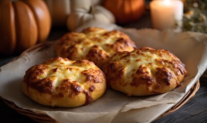 Halloween pumpkin-shaped mini pizzas, golden and melted cheese, baked on parchment, surrounded by autumn props