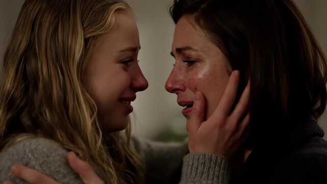 An emotional daughter cries while being comforted by her mother. A close-up of a family sharing a moment of sadness and support. Mother-daughter relationship and empathy concept