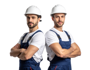 - Two Electrician Workers Standing Back to Back in Uniform, Confident Portrait Isolated on Transparent Background 