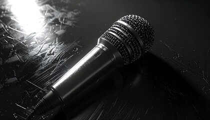 A professional dynamic microphone resting on a dark, textured surface, dramatically lit in a high-contrast black and white composition