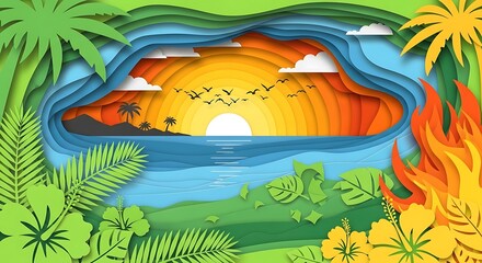 Vibrant paper cut art of a serene tropical island sunset threatened by a raging wildfire, symbolizing an environmental crisis