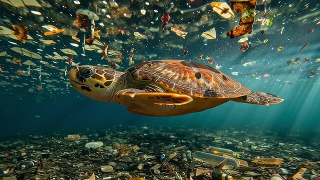 A turtle swims gracefully amidst a vast expanse of plastic waste floating in the ocean. Sunlight filters through the water, highlighting the severity of marine pollution impacting ocean ecology.