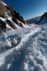 A close-up shot capturing the thrill of snowboarding on fresh, powdery snow, set against a stunning mountain backdrop, highlighting both action and nature's beauty.