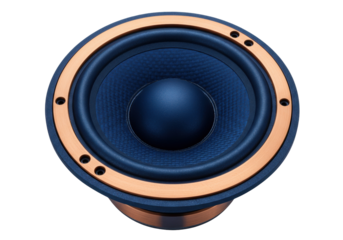 Blue speaker with copper trim isolated on transparent background, audio equipment for sound systems and music listening