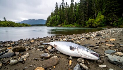 A silver salmon lies on a stony riverbank. The waterway flows calmly beside a forested area and under a cloudy sky with mountains visible in the distance